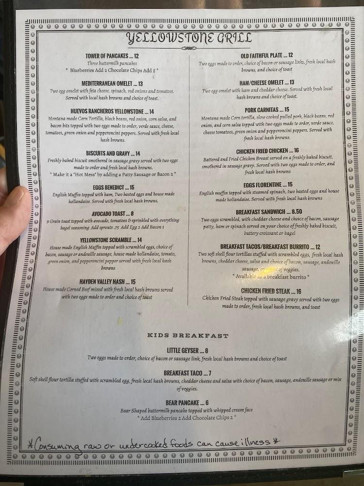 Yellowstone Grill Menu